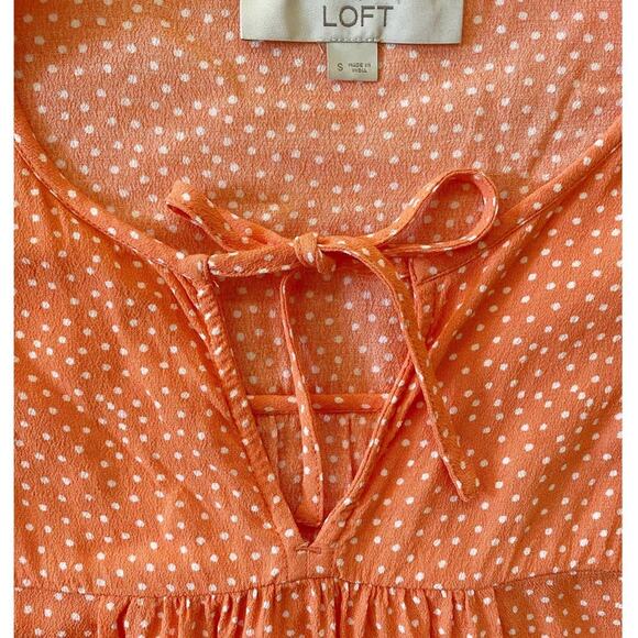 LOFT Tangerine Polka Dot Flutter Sleeve Tie Neck Blouse S - Picture 6 of 10